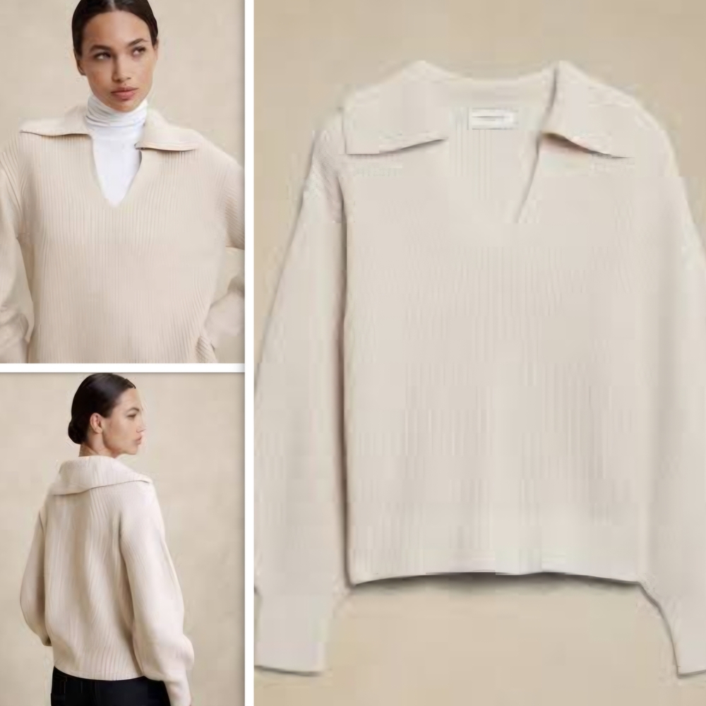 Banana Republic Ribbed Johnny Collar Pullover Sweater In Cream - Small